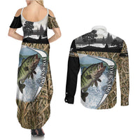 Personalized Largemouth Bass Fishing Couples Matching Summer Maxi Dress and Long Sleeve Button Shirt with Camo Reeds - Outdoor Angler Design - Wonder Print Shop