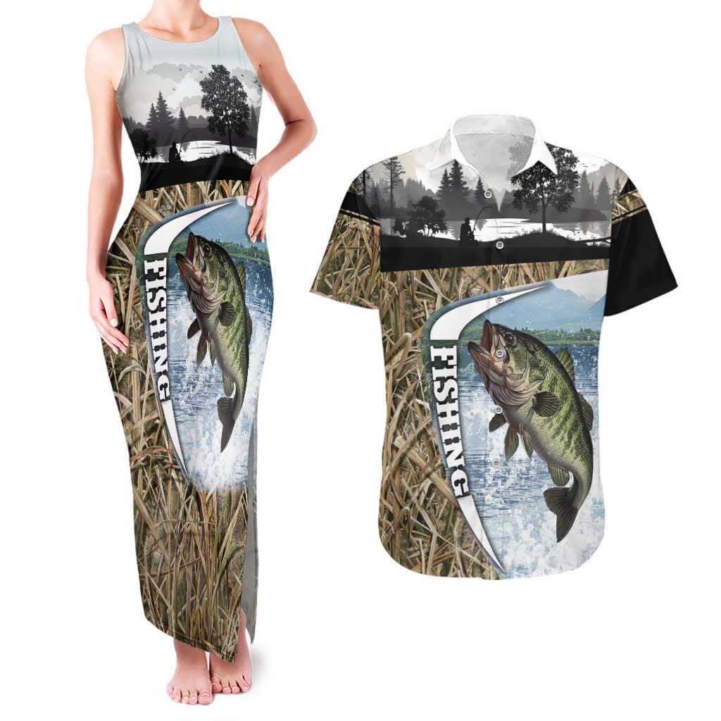 Personalized Largemouth Bass Fishing Couples Matching Tank Maxi Dress and Hawaiian Shirt with Camo Reeds - Outdoor Angler Design - Wonder Print Shop