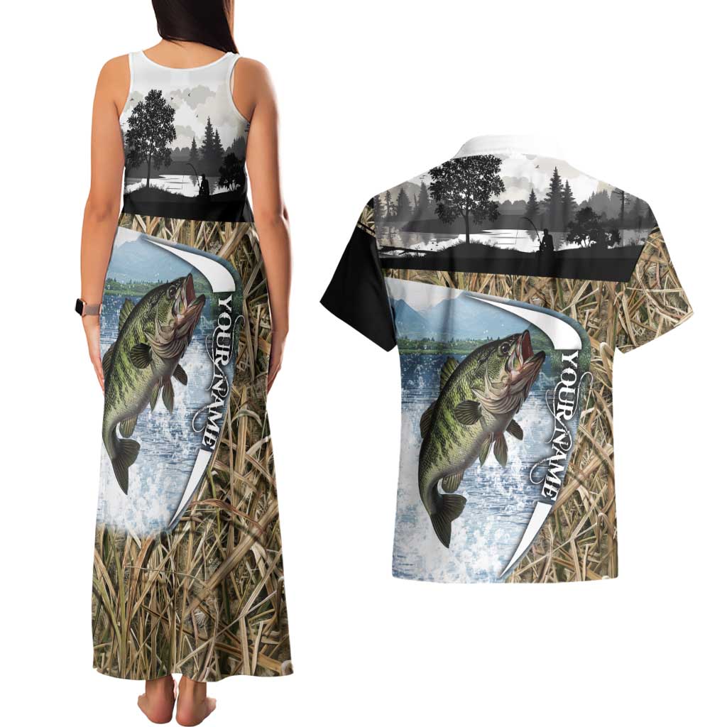 Personalized Largemouth Bass Fishing Couples Matching Tank Maxi Dress and Hawaiian Shirt with Camo Reeds - Outdoor Angler Design - Wonder Print Shop