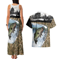 Personalized Largemouth Bass Fishing Couples Matching Tank Maxi Dress and Hawaiian Shirt with Camo Reeds - Outdoor Angler Design - Wonder Print Shop