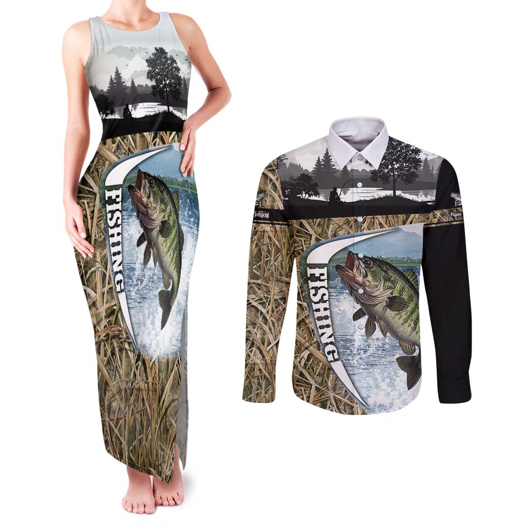 Personalized Largemouth Bass Fishing Couples Matching Tank Maxi Dress and Long Sleeve Button Shirt with Camo Reeds - Outdoor Angler Design - Wonder Print Shop