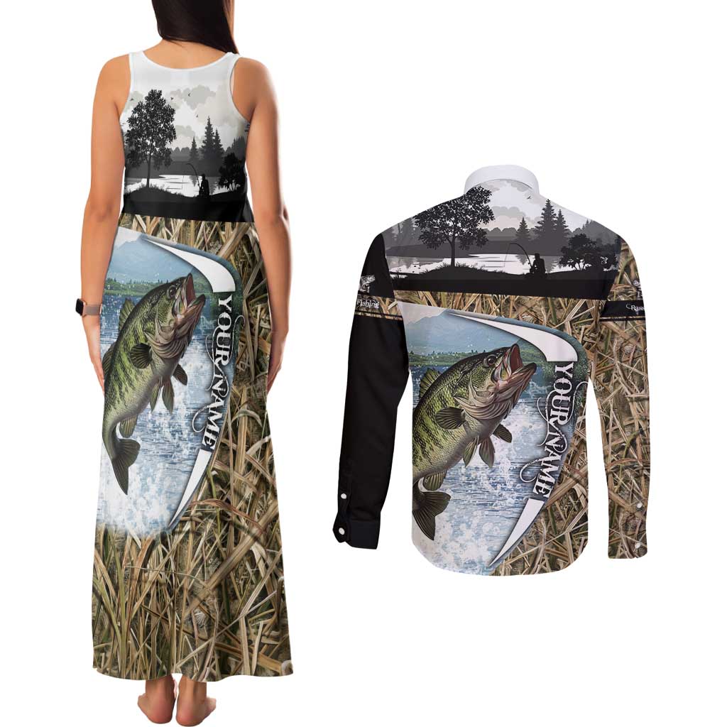 Personalized Largemouth Bass Fishing Couples Matching Tank Maxi Dress and Long Sleeve Button Shirt with Camo Reeds - Outdoor Angler Design - Wonder Print Shop