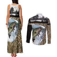 Personalized Largemouth Bass Fishing Couples Matching Tank Maxi Dress and Long Sleeve Button Shirt with Camo Reeds - Outdoor Angler Design - Wonder Print Shop