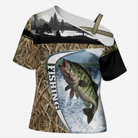 Personalized Largemouth Bass Fishing Cross Shoulder Shirt with Camo Reeds - Outdoor Angler Design - Wonder Print Shop