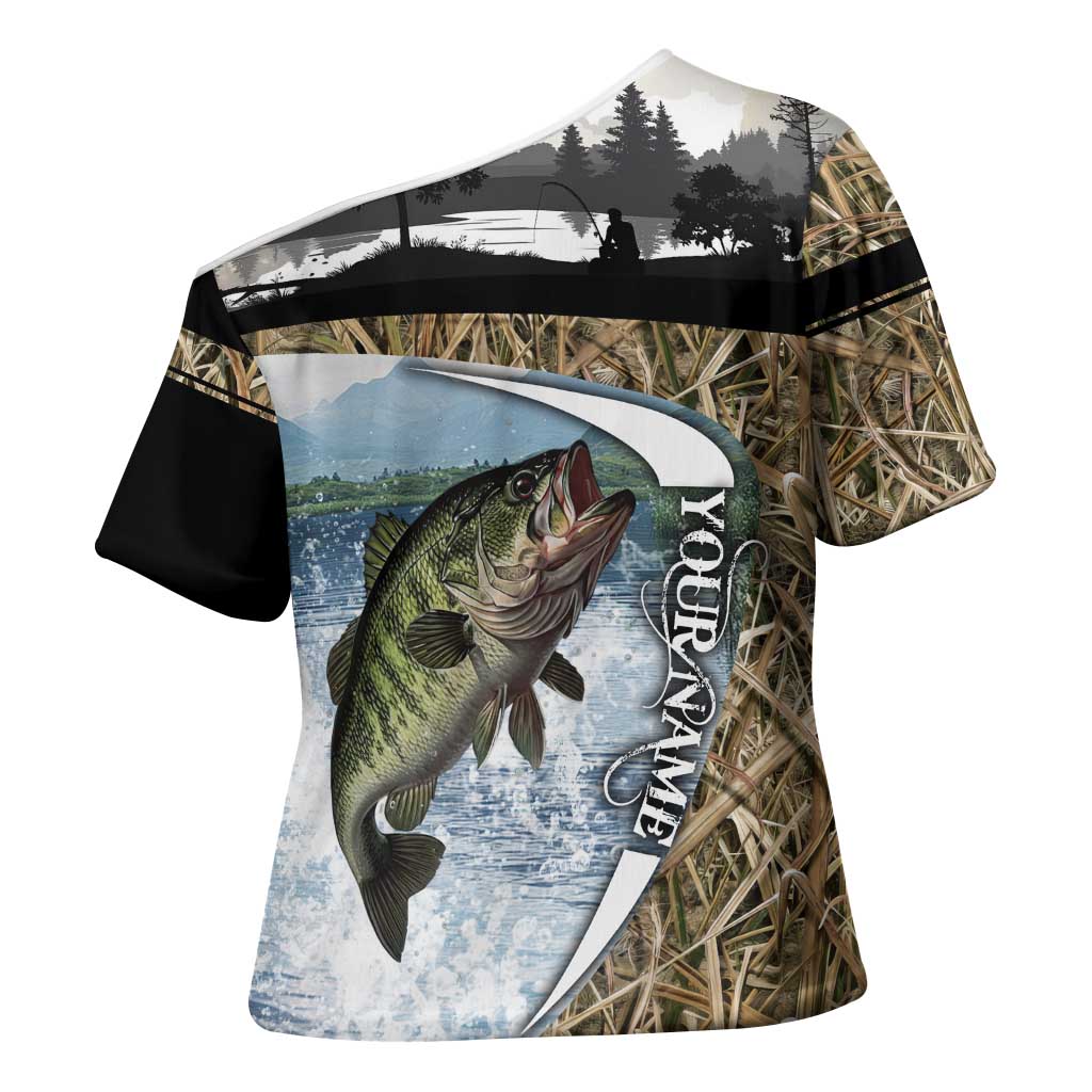 Personalized Largemouth Bass Fishing Cross Shoulder Shirt with Camo Reeds - Outdoor Angler Design - Wonder Print Shop