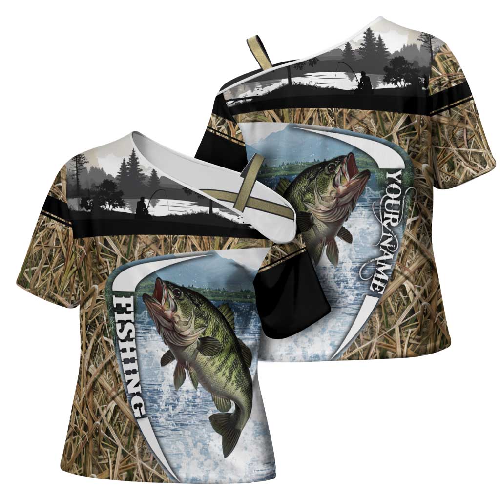 Personalized Largemouth Bass Fishing Cross Shoulder Shirt with Camo Reeds - Outdoor Angler Design - Wonder Print Shop