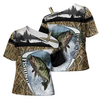 Personalized Largemouth Bass Fishing Cross Shoulder Shirt with Camo Reeds - Outdoor Angler Design - Wonder Print Shop