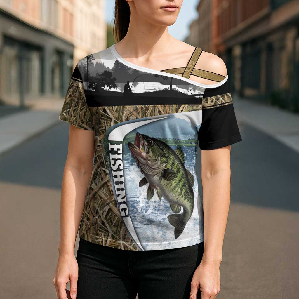 Personalized Largemouth Bass Fishing Cross Shoulder Shirt with Camo Reeds - Outdoor Angler Design - Wonder Print Shop