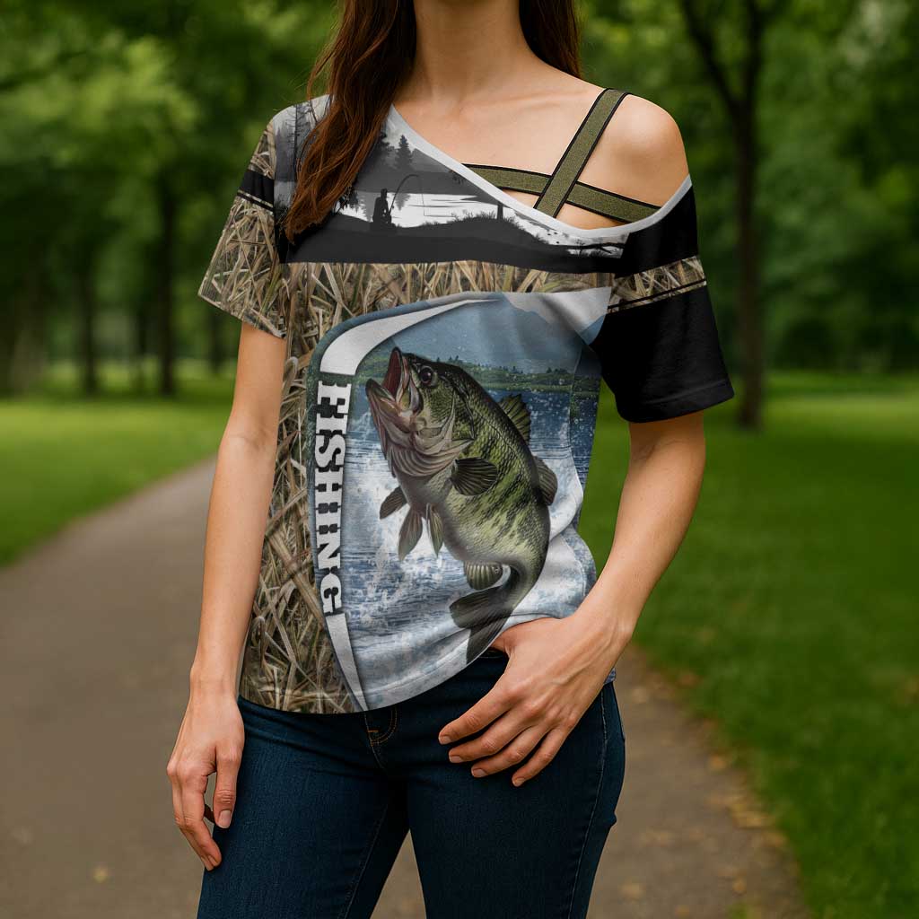 Personalized Largemouth Bass Fishing Cross Shoulder Shirt with Camo Reeds - Outdoor Angler Design - Wonder Print Shop