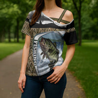 Personalized Largemouth Bass Fishing Cross Shoulder Shirt with Camo Reeds - Outdoor Angler Design - Wonder Print Shop