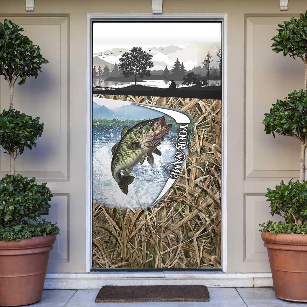 Personalized Largemouth Bass Fishing Door Cover with Camo Reeds - Outdoor Angler Design - Wonder Print Shop
