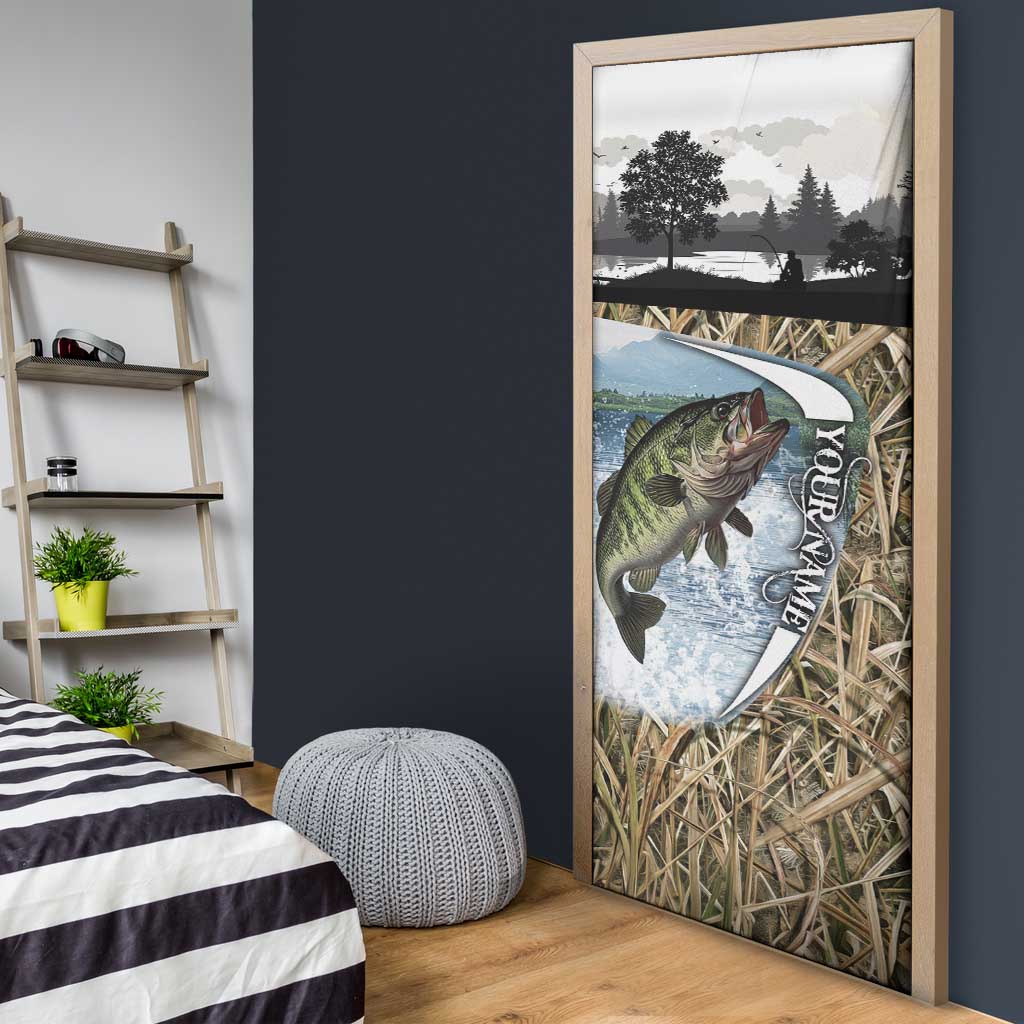 Personalized Largemouth Bass Fishing Door Cover with Camo Reeds - Outdoor Angler Design - Wonder Print Shop