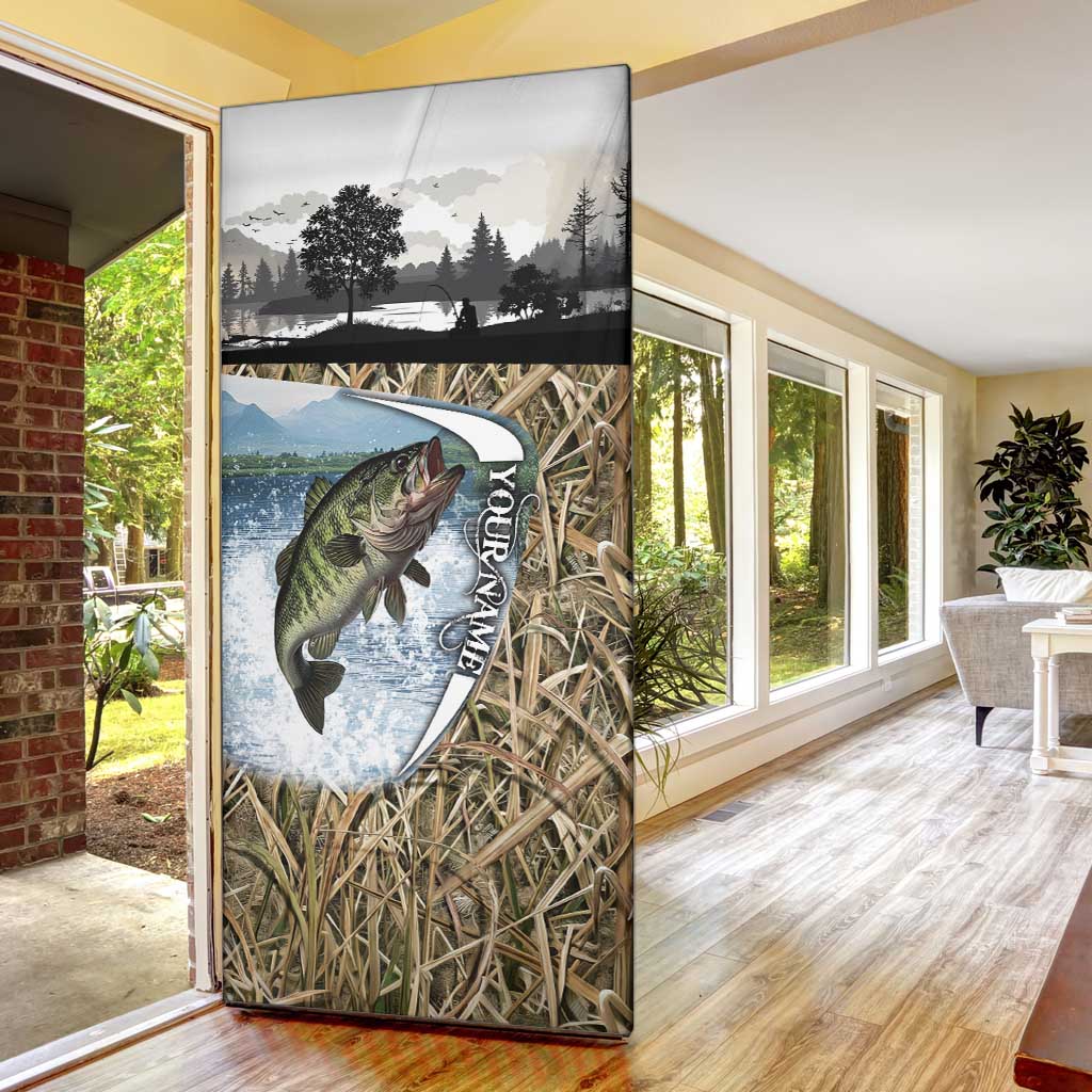Personalized Largemouth Bass Fishing Door Cover with Camo Reeds - Outdoor Angler Design - Wonder Print Shop
