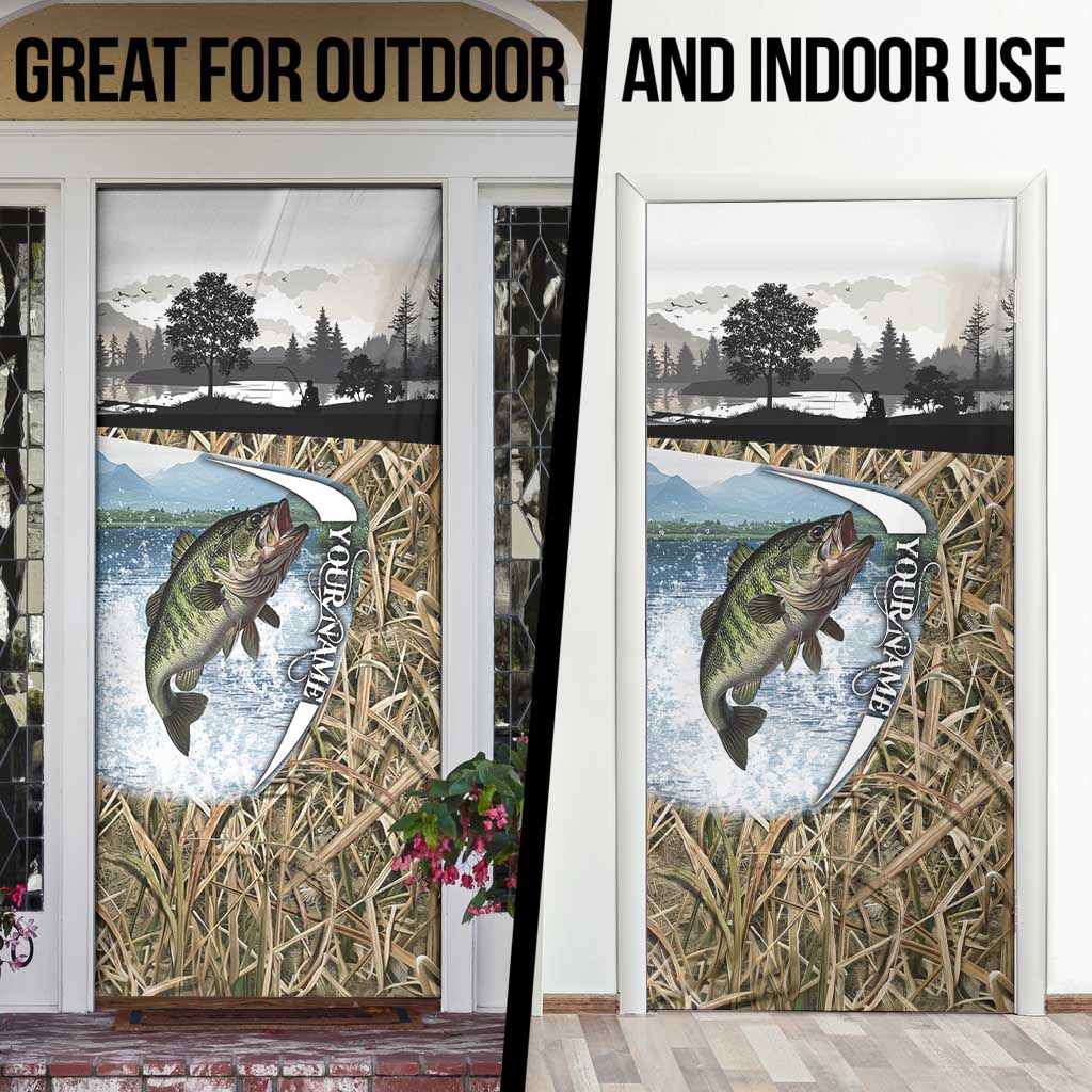 Personalized Largemouth Bass Fishing Door Cover with Camo Reeds - Outdoor Angler Design - Wonder Print Shop