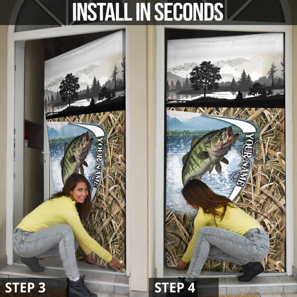 Personalized Largemouth Bass Fishing Door Cover with Camo Reeds - Outdoor Angler Design - Wonder Print Shop