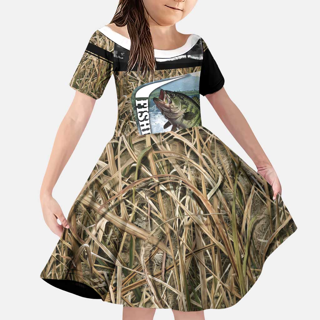 Personalized Largemouth Bass Fishing Family Matching Long Sleeve Bodycon Dress and Hawaiian Shirt with Camo Reeds - Outdoor Angler Design - Wonder Print Shop
