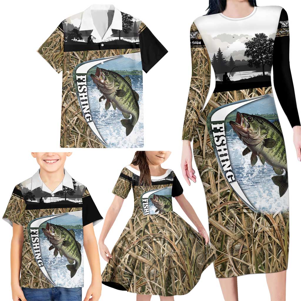 Personalized Largemouth Bass Fishing Family Matching Long Sleeve Bodycon Dress and Hawaiian Shirt with Camo Reeds - Outdoor Angler Design - Wonder Print Shop