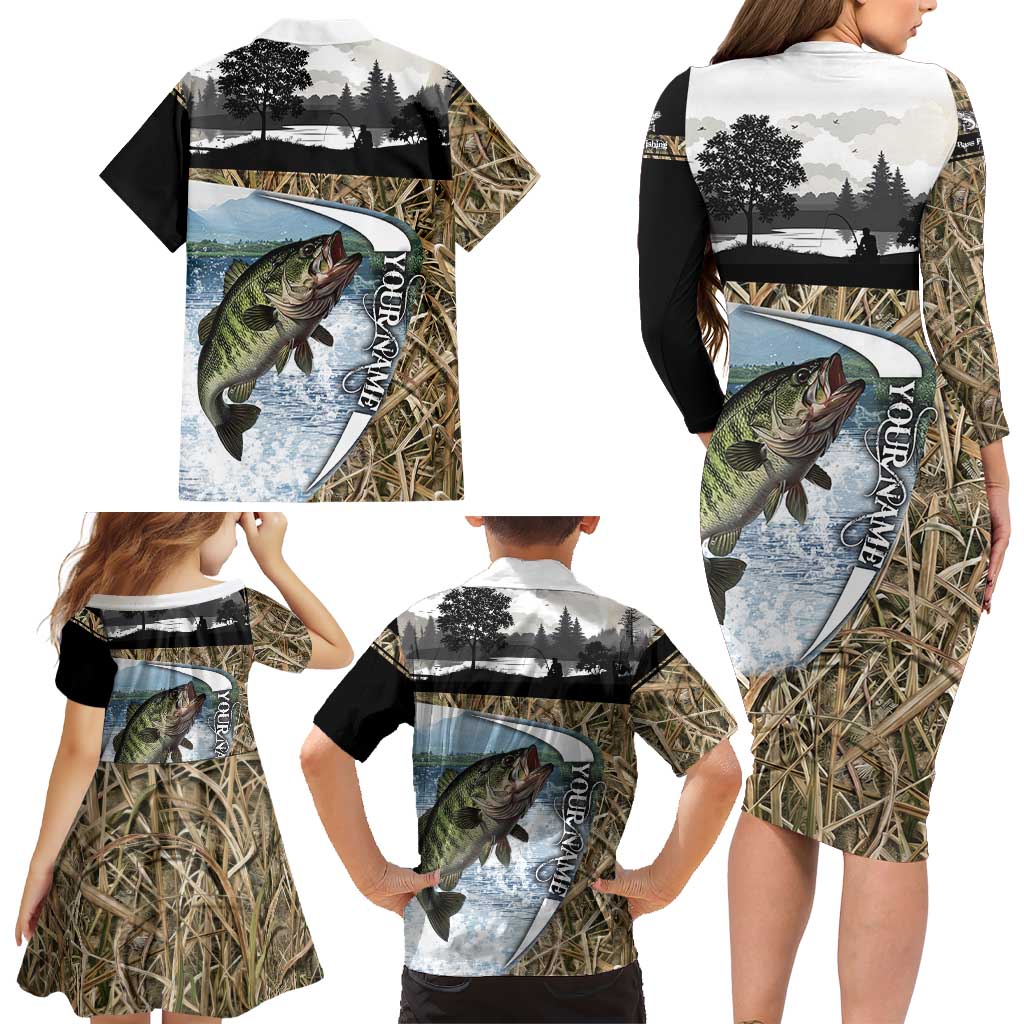 Personalized Largemouth Bass Fishing Family Matching Long Sleeve Bodycon Dress and Hawaiian Shirt with Camo Reeds - Outdoor Angler Design - Wonder Print Shop
