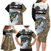 Personalized Largemouth Bass Fishing Family Matching Long Sleeve Bodycon Dress and Hawaiian Shirt with Camo Reeds - Outdoor Angler Design - Wonder Print Shop