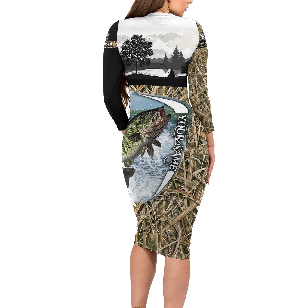 Personalized Largemouth Bass Fishing Family Matching Long Sleeve Bodycon Dress and Hawaiian Shirt with Camo Reeds - Outdoor Angler Design - Wonder Print Shop