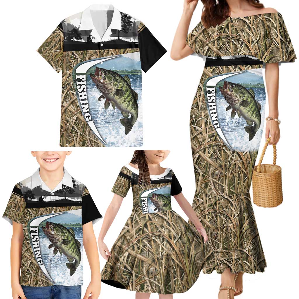 Personalized Largemouth Bass Fishing Family Matching Mermaid Dress and Hawaiian Shirt with Camo Reeds - Outdoor Angler Design - Wonder Print Shop