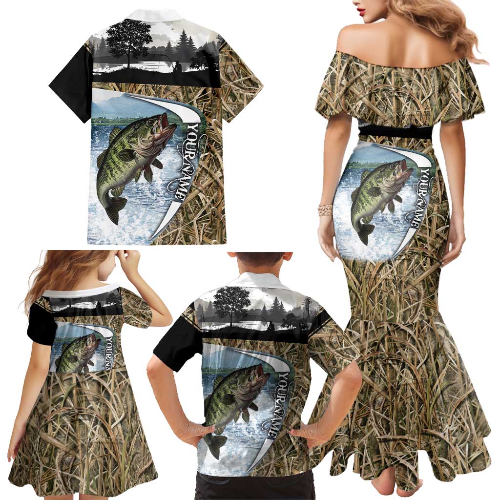 Personalized Largemouth Bass Fishing Family Matching Mermaid Dress and Hawaiian Shirt with Camo Reeds - Outdoor Angler Design - Wonder Print Shop
