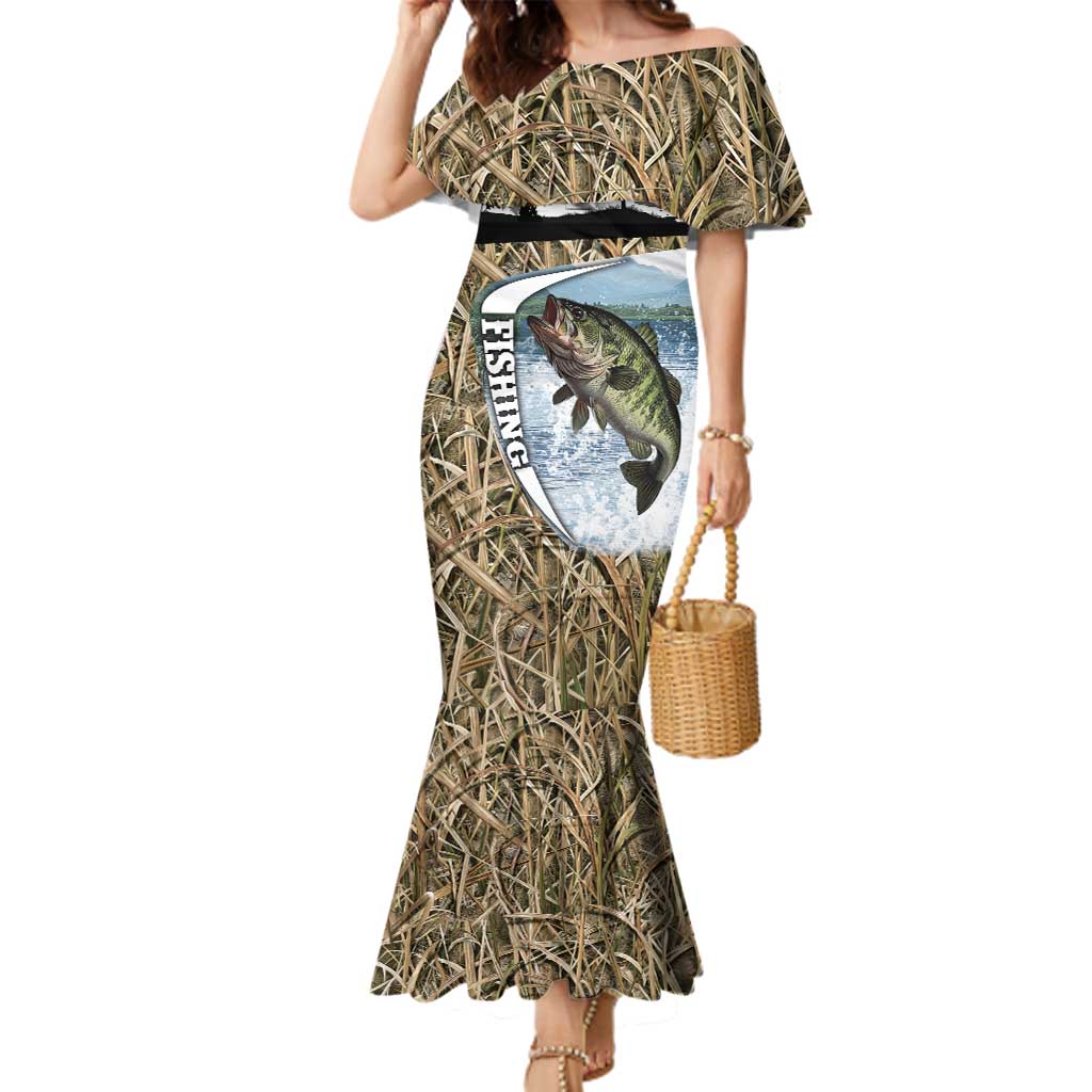 Personalized Largemouth Bass Fishing Family Matching Mermaid Dress and Hawaiian Shirt with Camo Reeds - Outdoor Angler Design - Wonder Print Shop
