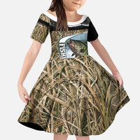 Personalized Largemouth Bass Fishing Family Matching Off The Shoulder Long Sleeve Dress and Hawaiian Shirt with Camo Reeds - Outdoor Angler Design - Wonder Print Shop