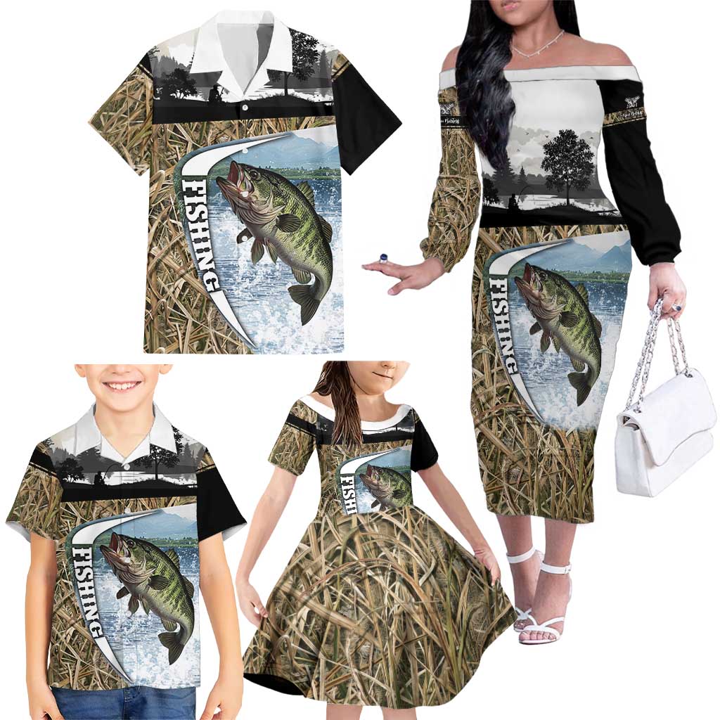 Personalized Largemouth Bass Fishing Family Matching Off The Shoulder Long Sleeve Dress and Hawaiian Shirt with Camo Reeds - Outdoor Angler Design - Wonder Print Shop