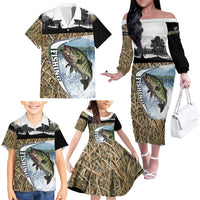 Personalized Largemouth Bass Fishing Family Matching Off The Shoulder Long Sleeve Dress and Hawaiian Shirt with Camo Reeds - Outdoor Angler Design - Wonder Print Shop