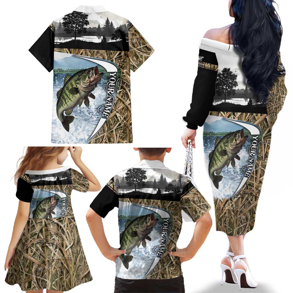 Personalized Largemouth Bass Fishing Family Matching Off The Shoulder Long Sleeve Dress and Hawaiian Shirt with Camo Reeds - Outdoor Angler Design - Wonder Print Shop