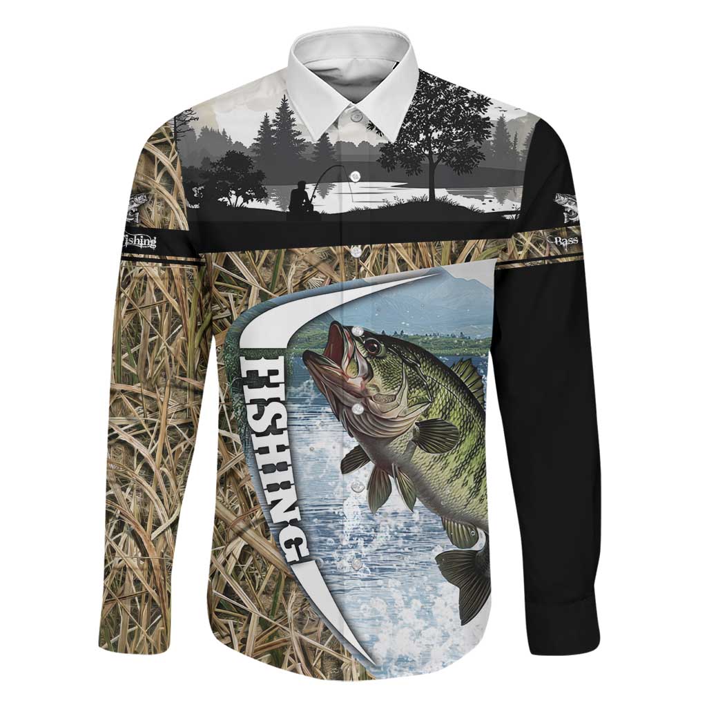 Personalized Largemouth Bass Fishing Family Matching Off The Shoulder Long Sleeve Dress and Hawaiian Shirt with Camo Reeds - Outdoor Angler Design - Wonder Print Shop
