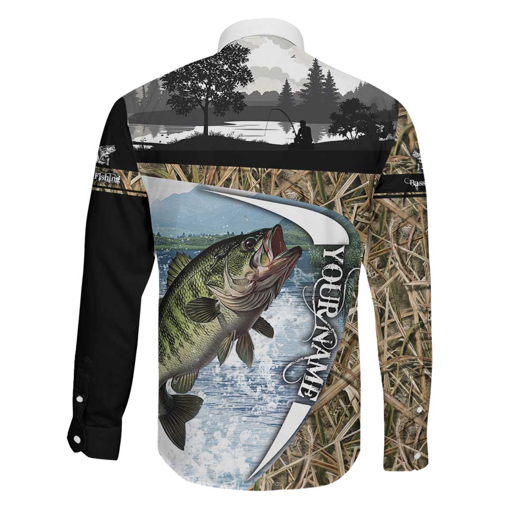 Personalized Largemouth Bass Fishing Family Matching Off The Shoulder Long Sleeve Dress and Hawaiian Shirt with Camo Reeds - Outdoor Angler Design - Wonder Print Shop