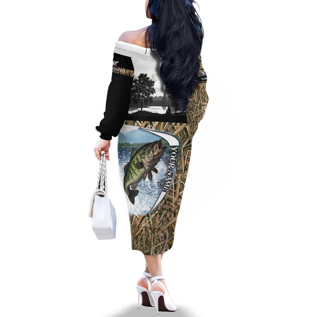 Personalized Largemouth Bass Fishing Family Matching Off The Shoulder Long Sleeve Dress and Hawaiian Shirt with Camo Reeds - Outdoor Angler Design - Wonder Print Shop
