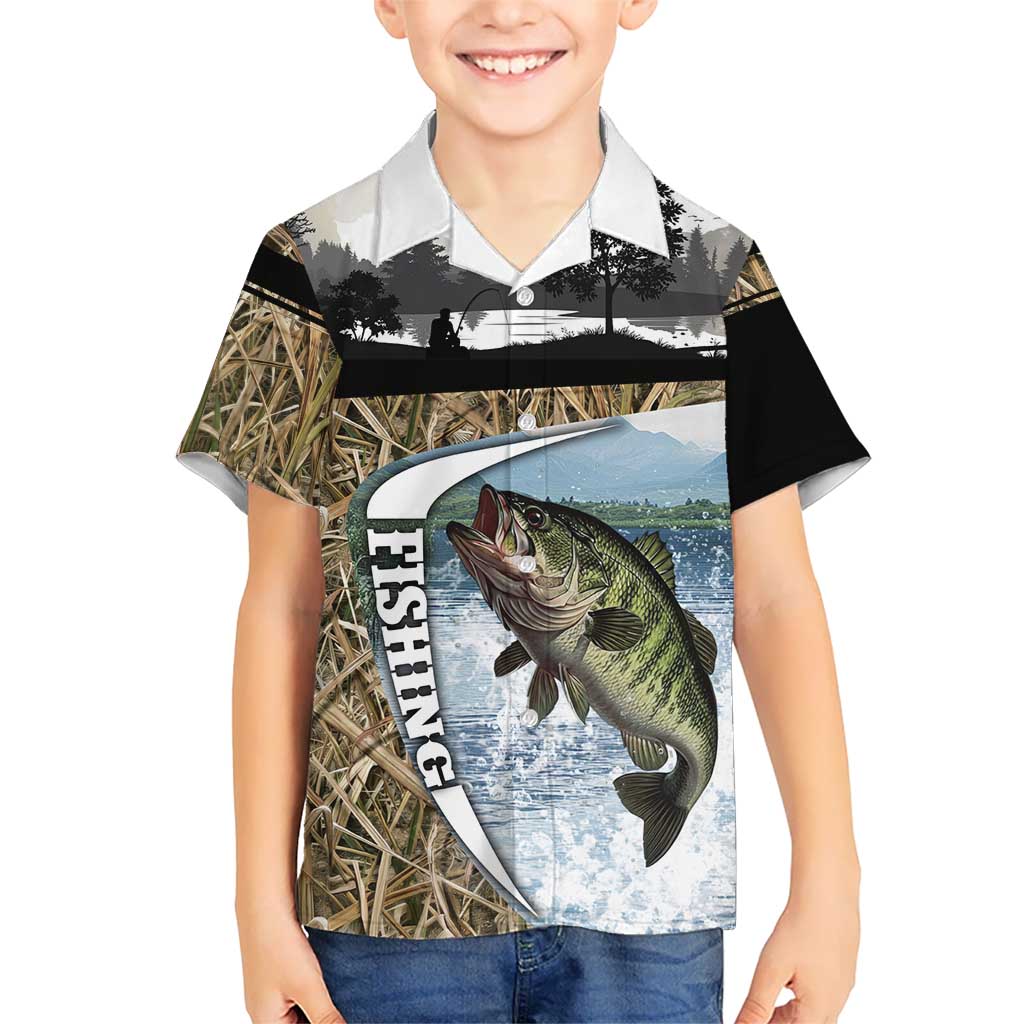Personalized Largemouth Bass Fishing Family Matching Off The Shoulder Long Sleeve Dress and Hawaiian Shirt with Camo Reeds - Outdoor Angler Design - Wonder Print Shop