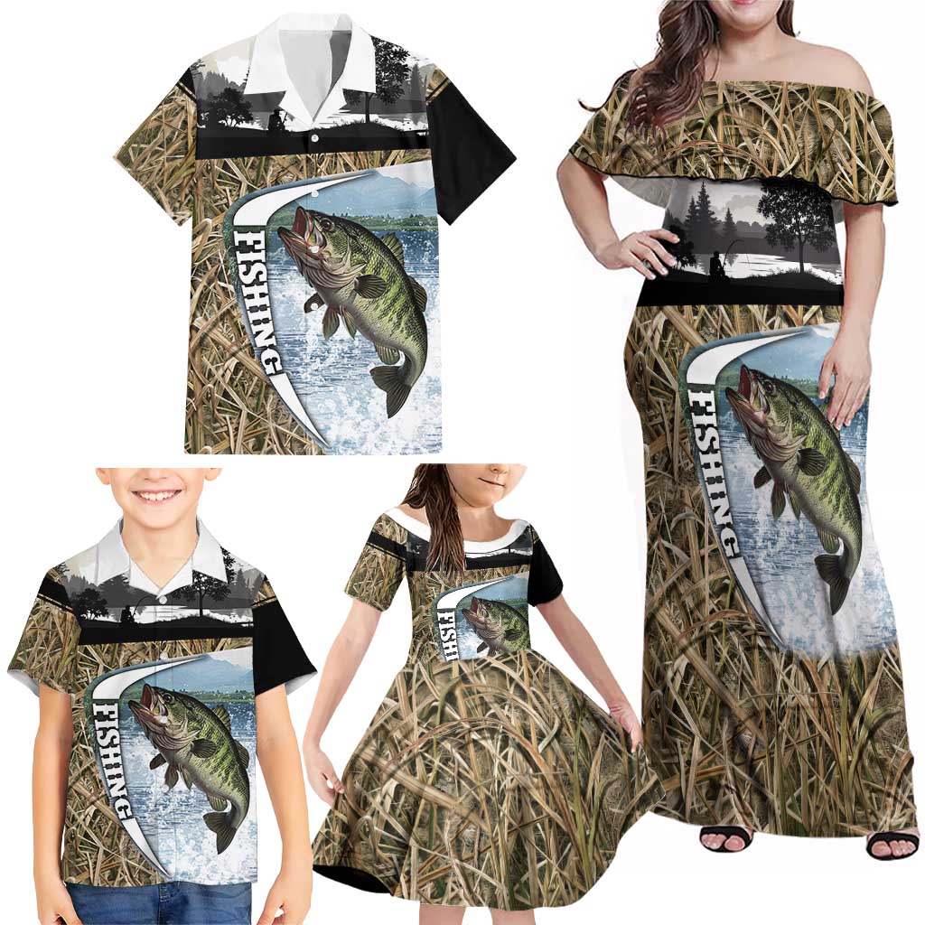 Personalized Largemouth Bass Fishing Family Matching Off Shoulder Maxi Dress and Hawaiian Shirt with Camo Reeds - Outdoor Angler Design - Wonder Print Shop