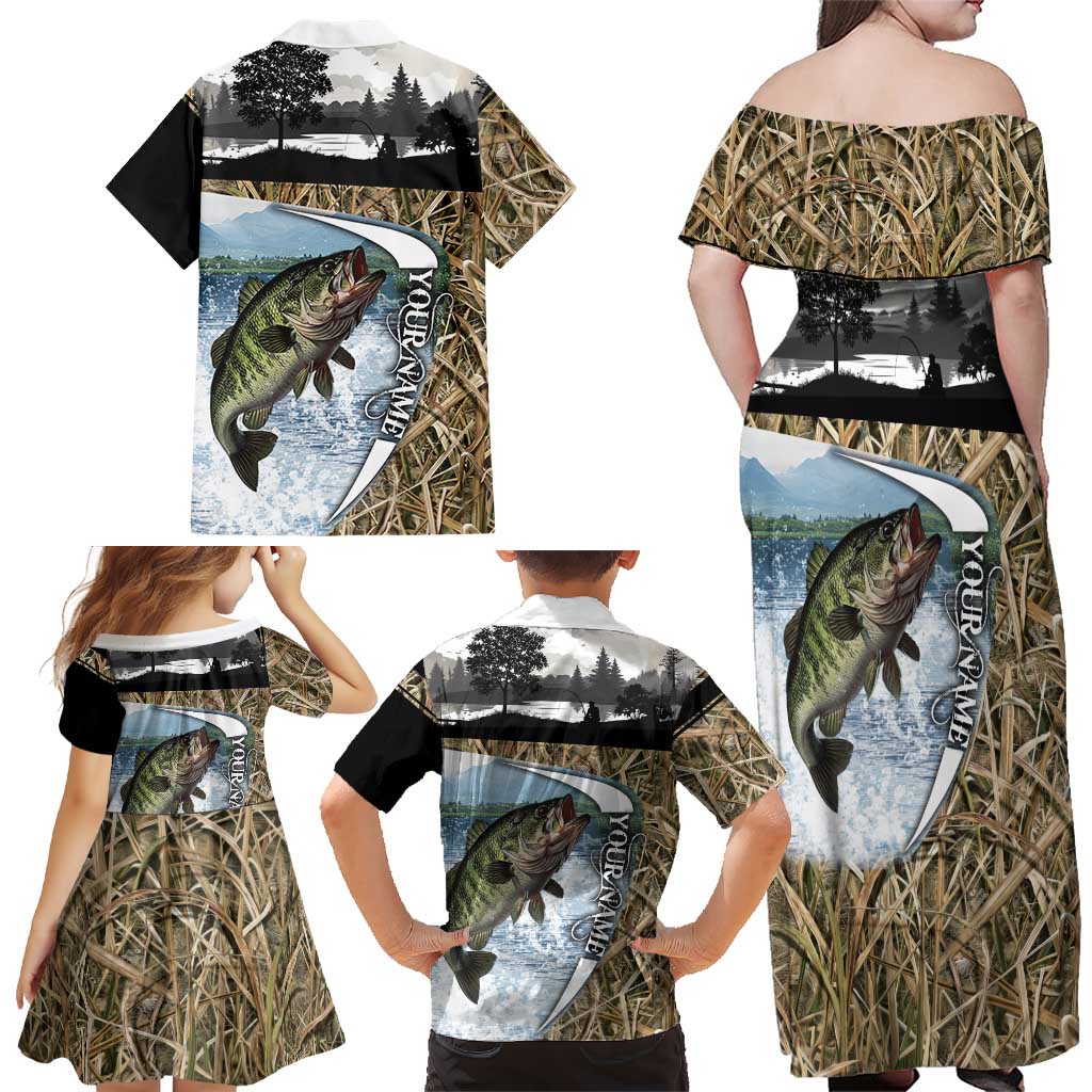 Personalized Largemouth Bass Fishing Family Matching Off Shoulder Maxi Dress and Hawaiian Shirt with Camo Reeds - Outdoor Angler Design - Wonder Print Shop