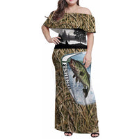 Personalized Largemouth Bass Fishing Family Matching Off Shoulder Maxi Dress and Hawaiian Shirt with Camo Reeds - Outdoor Angler Design - Wonder Print Shop
