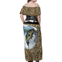 Personalized Largemouth Bass Fishing Family Matching Off Shoulder Maxi Dress and Hawaiian Shirt with Camo Reeds - Outdoor Angler Design - Wonder Print Shop