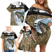 Personalized Largemouth Bass Fishing Family Matching Off Shoulder Short Dress and Hawaiian Shirt with Camo Reeds - Outdoor Angler Design - Wonder Print Shop
