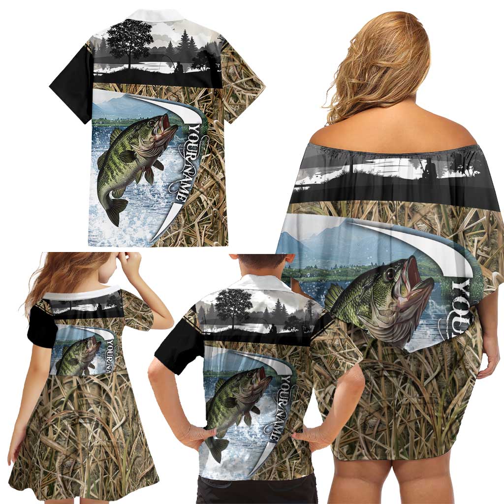 Personalized Largemouth Bass Fishing Family Matching Off Shoulder Short Dress and Hawaiian Shirt with Camo Reeds - Outdoor Angler Design - Wonder Print Shop