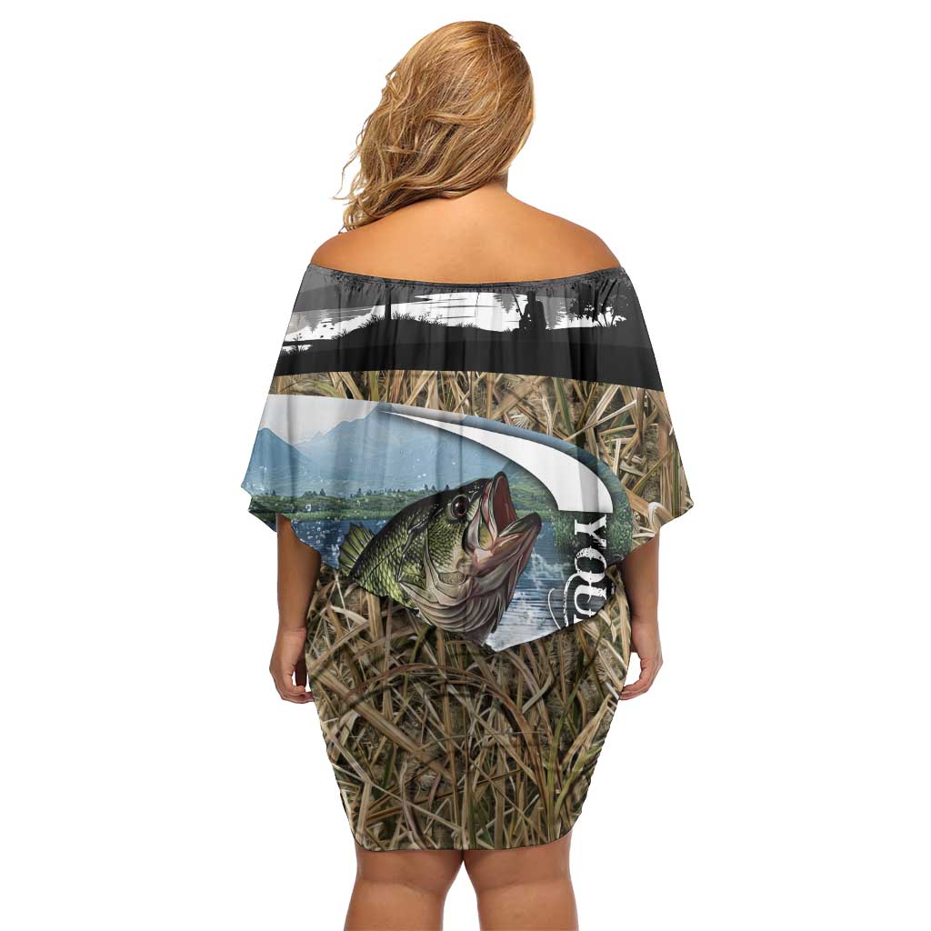Personalized Largemouth Bass Fishing Family Matching Off Shoulder Short Dress and Hawaiian Shirt with Camo Reeds - Outdoor Angler Design - Wonder Print Shop