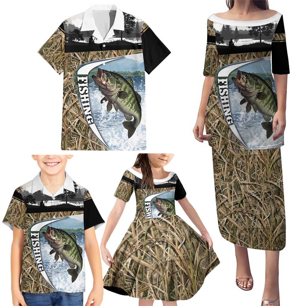 Personalized Largemouth Bass Fishing Family Matching Puletasi and Hawaiian Shirt with Camo Reeds - Outdoor Angler Design - Wonder Print Shop