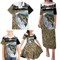 Personalized Largemouth Bass Fishing Family Matching Puletasi and Hawaiian Shirt with Camo Reeds - Outdoor Angler Design - Wonder Print Shop