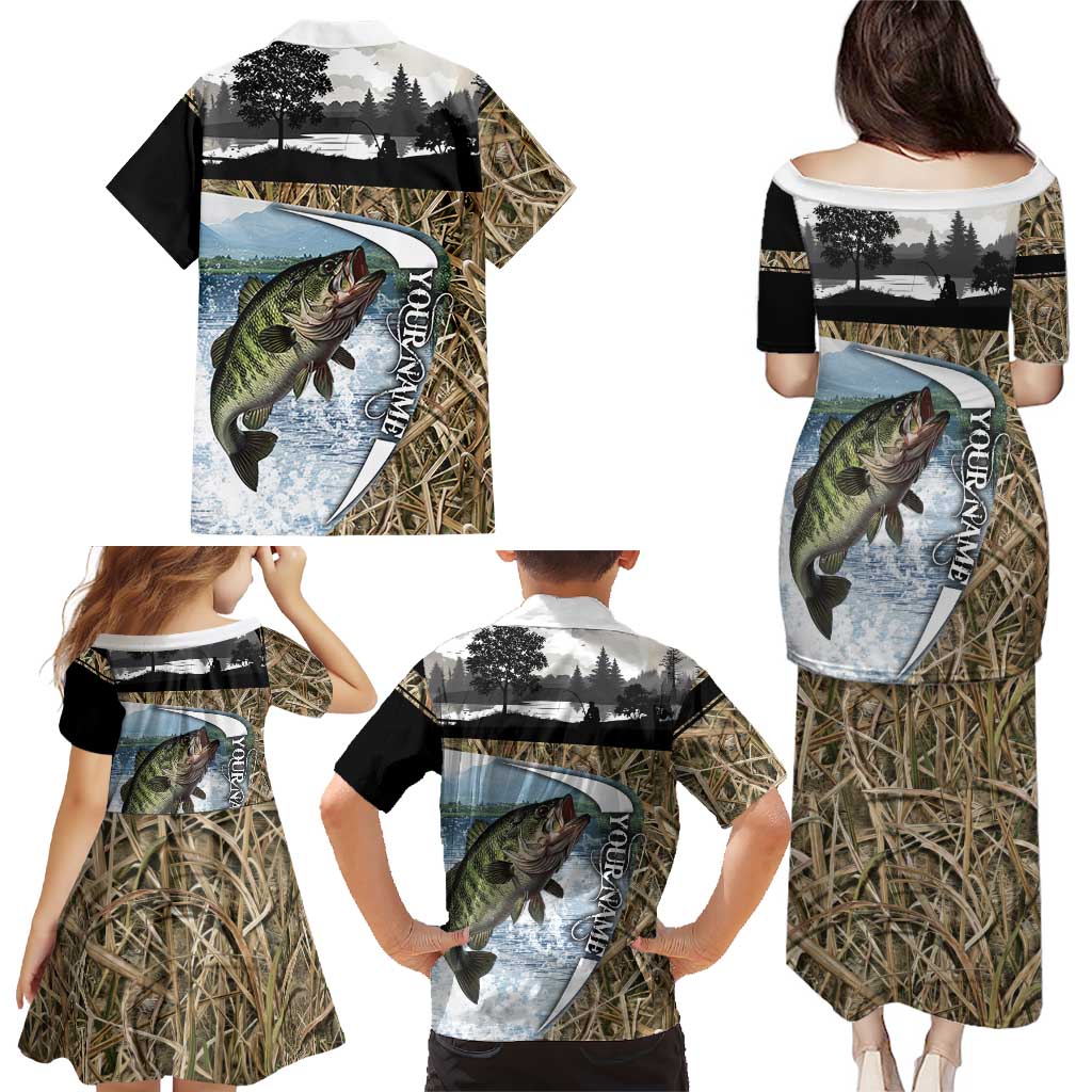 Personalized Largemouth Bass Fishing Family Matching Puletasi and Hawaiian Shirt with Camo Reeds - Outdoor Angler Design - Wonder Print Shop