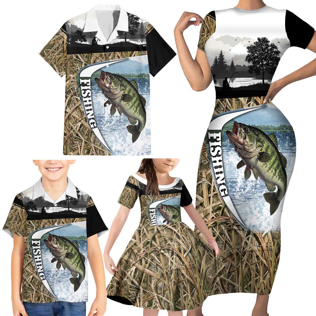 Personalized Largemouth Bass Fishing Family Matching Short Sleeve Bodycon Dress and Hawaiian Shirt with Camo Reeds - Outdoor Angler Design - Wonder Print Shop