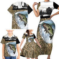 Personalized Largemouth Bass Fishing Family Matching Short Sleeve Bodycon Dress and Hawaiian Shirt with Camo Reeds - Outdoor Angler Design - Wonder Print Shop