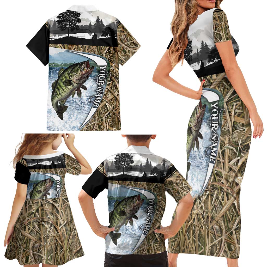 Personalized Largemouth Bass Fishing Family Matching Short Sleeve Bodycon Dress and Hawaiian Shirt with Camo Reeds - Outdoor Angler Design - Wonder Print Shop