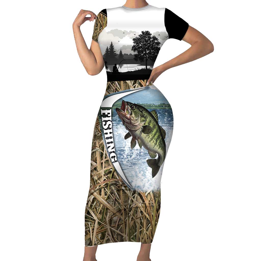 Personalized Largemouth Bass Fishing Family Matching Short Sleeve Bodycon Dress and Hawaiian Shirt with Camo Reeds - Outdoor Angler Design - Wonder Print Shop