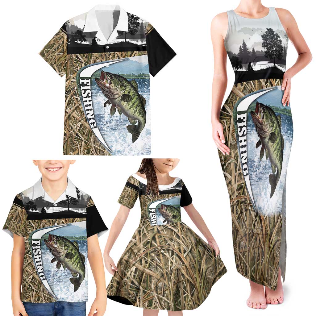 Personalized Largemouth Bass Fishing Family Matching Tank Maxi Dress and Hawaiian Shirt with Camo Reeds - Outdoor Angler Design - Wonder Print Shop